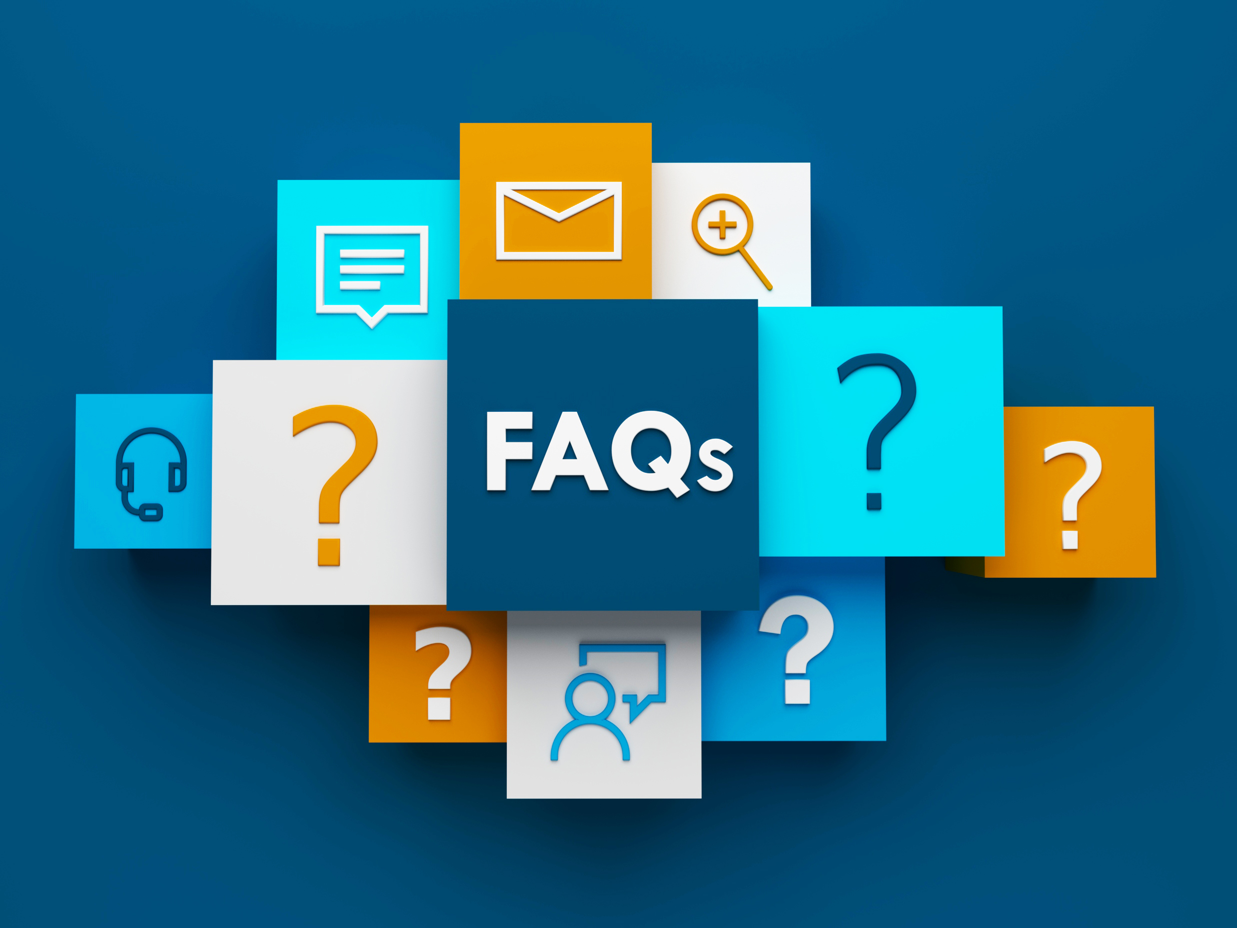 3D render of top view of FAQs business concept with symbols on colorful cubes on dark blue background