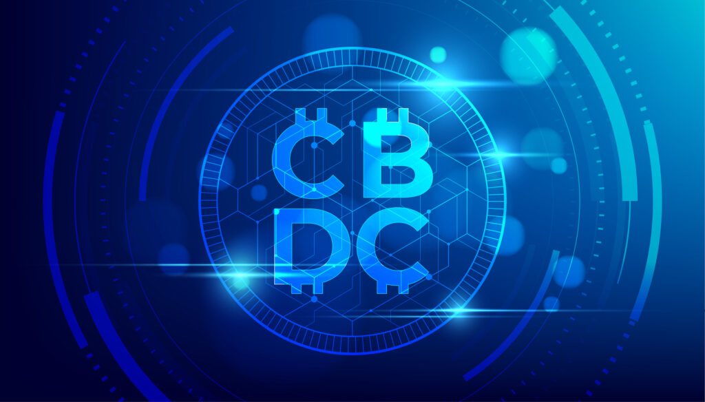 CBDC futuristic digital money on blue background. Central Bank Digital Currency banner vector.