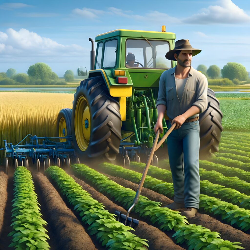 A photo-realistic image of a yellow and green tractor in a field, with a farmer plowing crops. The farmer is a middle-aged Caucasian male, wearing a hat