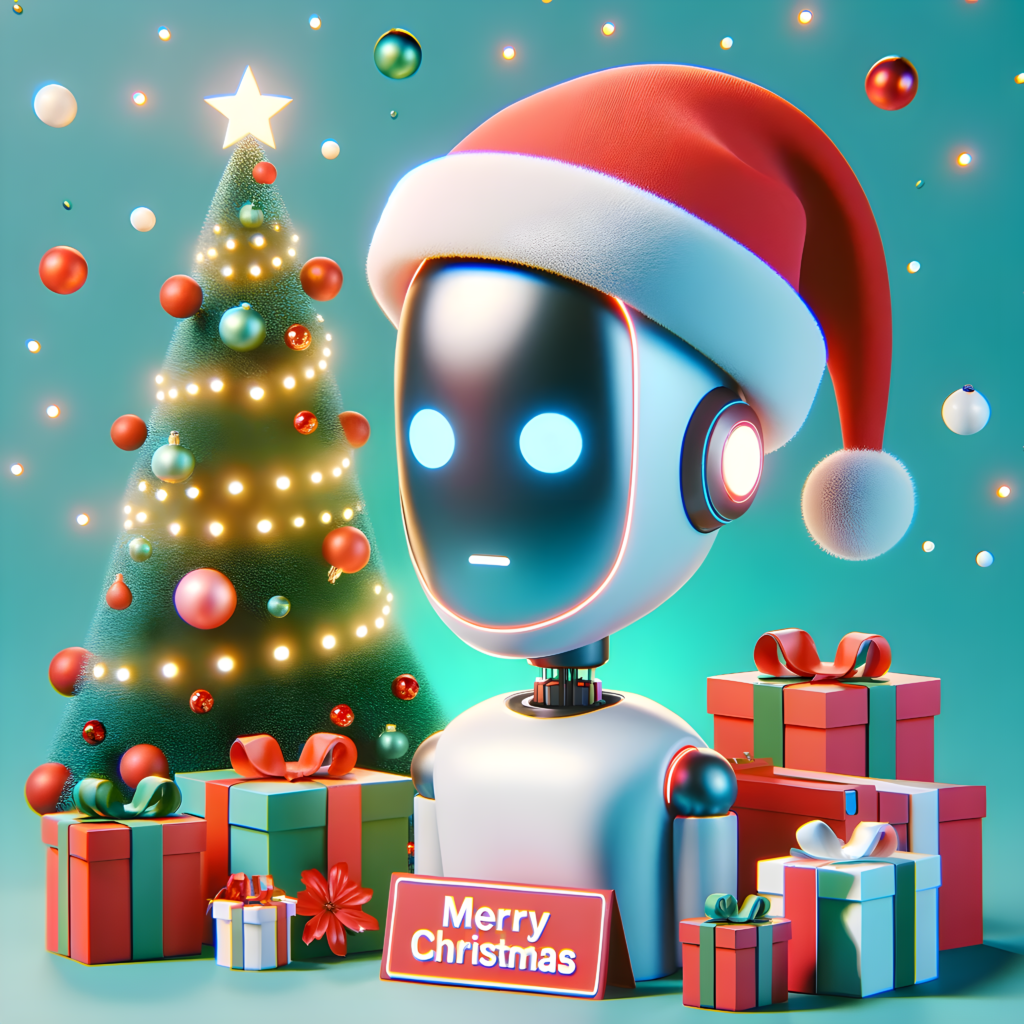 A festive and fun Christmas image featuring a futuristic, minimalist avatar