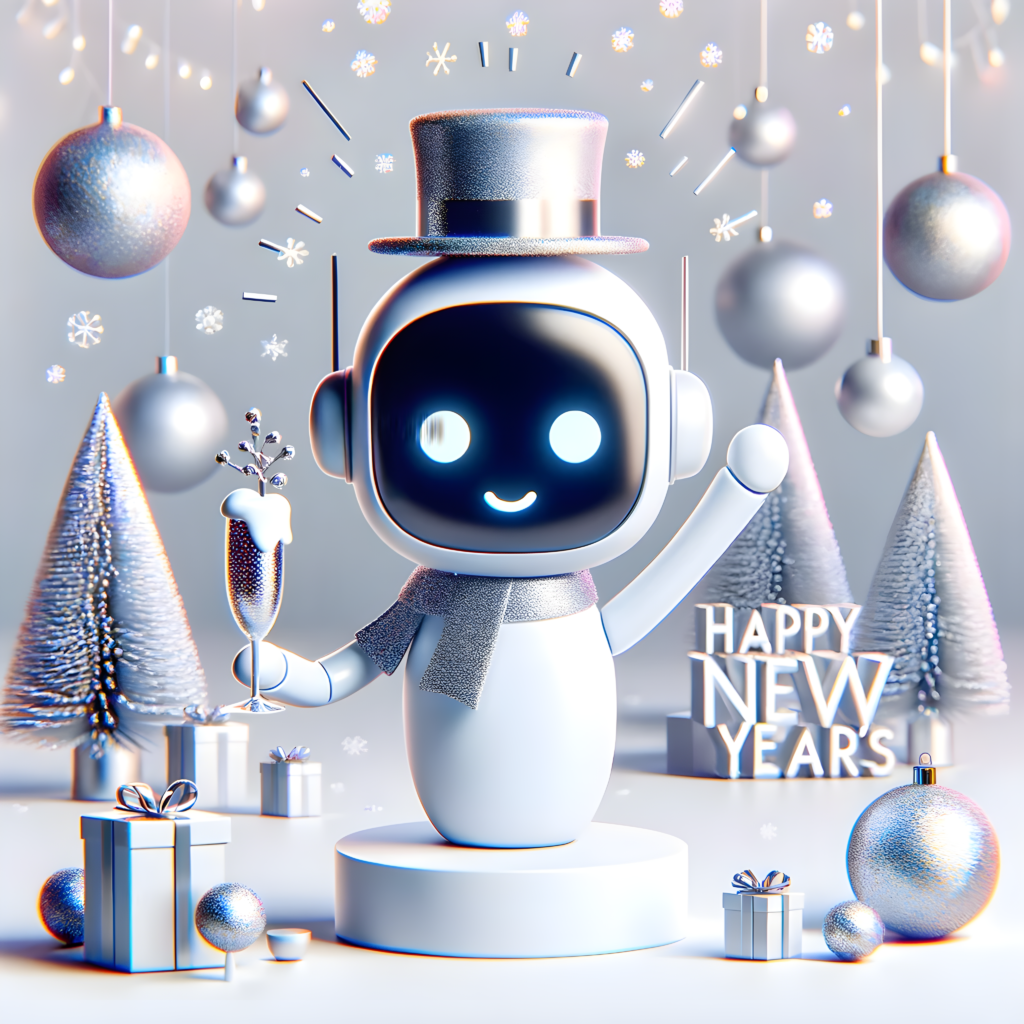 A festive and fun New Year's Day scene featuring a futuristic, minimalist avatar