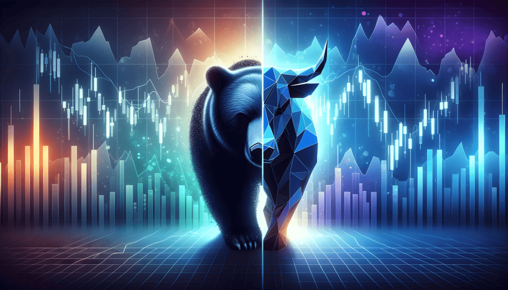 A digital illustration combining elements of both bear and bull market trends to represent a neutral stock market
