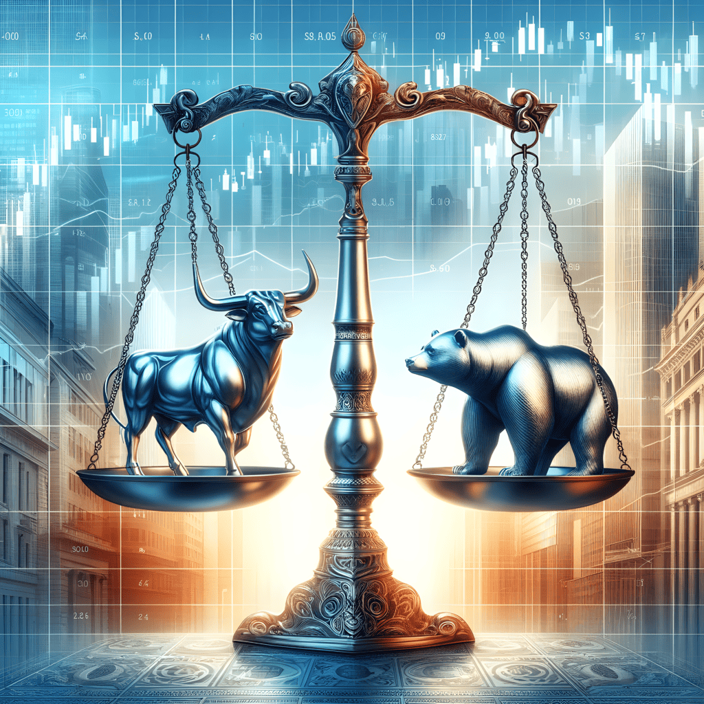 A digital illustration depicting a symbolic financial market concept with a traditional scale balancing a metallic bull on one side and a metallic bear