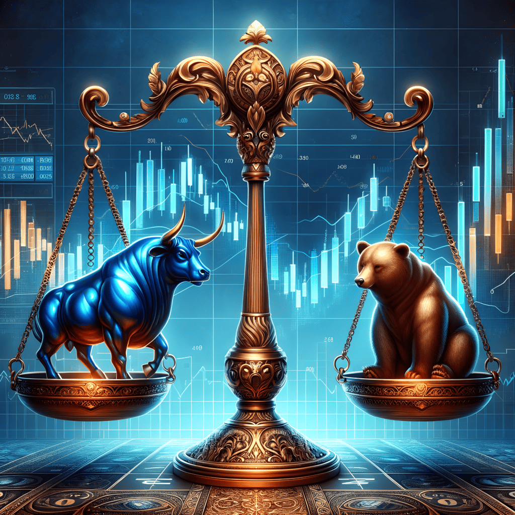 a stock market concept with a bronze ornate balance scale in the center