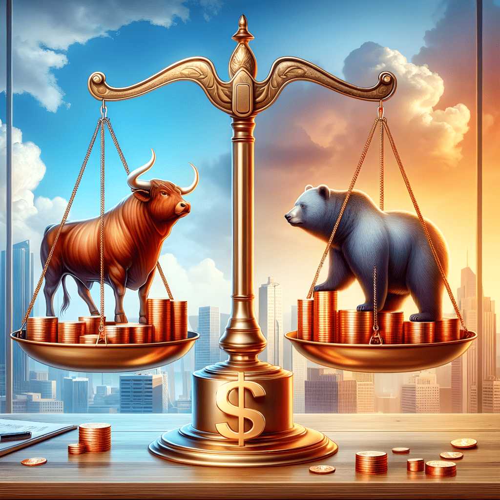 a classic golden scale in an office with a city view, the scale balances a realistic brown bull and a gray bear
