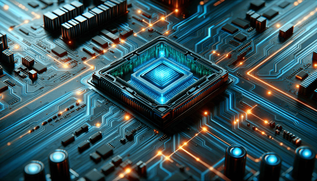a futuristic central processing unit (CPU) integrated on a motherboard