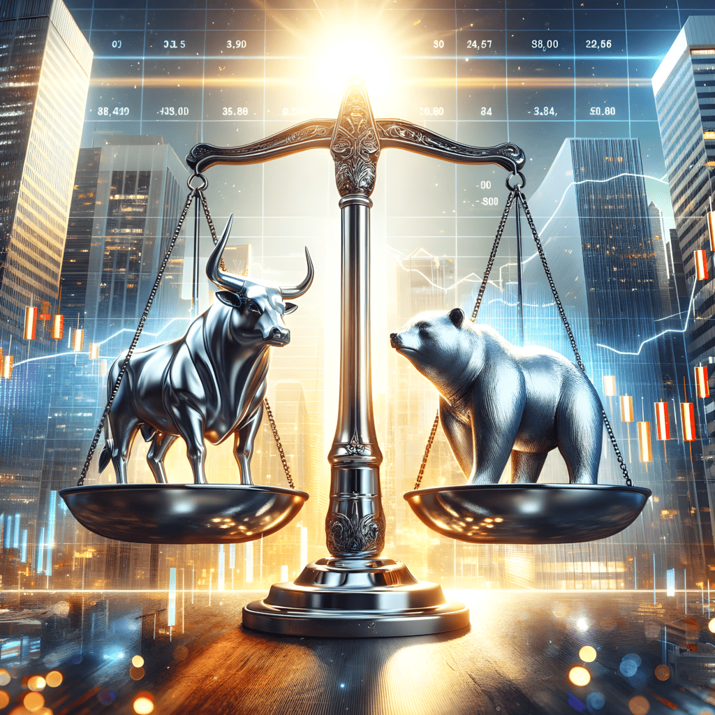 a stock market concept with a metallic balance scale in the foreground