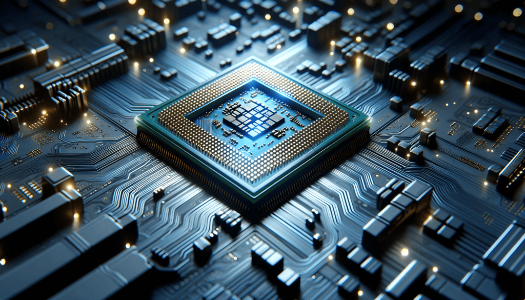 a central processing unit (CPU) chip at the center of a motherboard