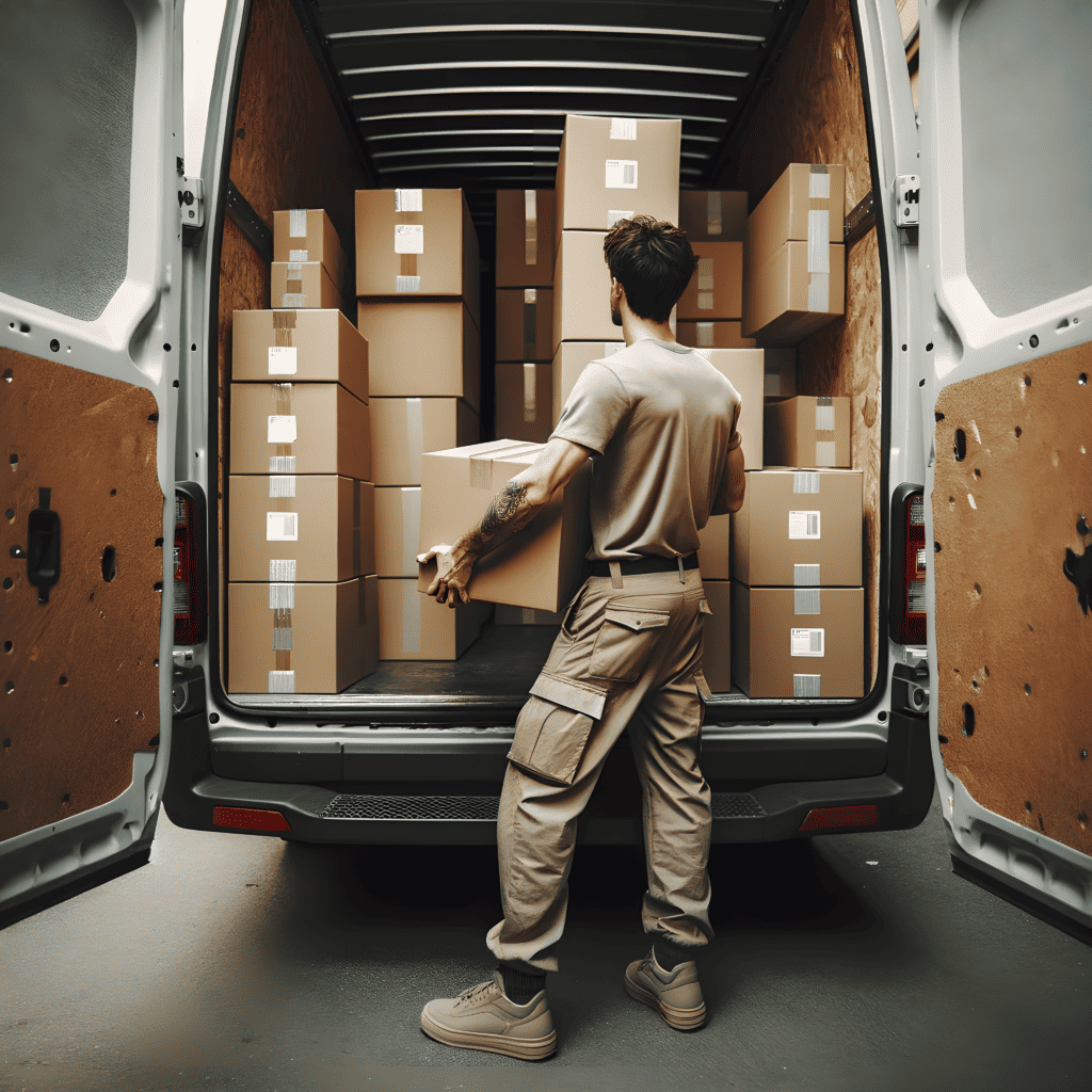 a person loading cardboard boxes into a cargo van.