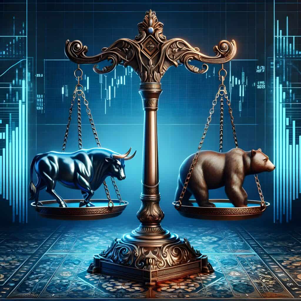 stock market concept with a highly detailed ornate bronze balance scale centered